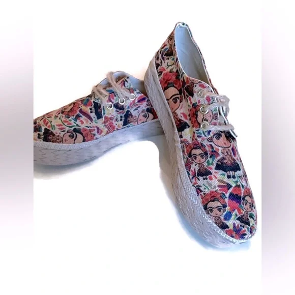 Espadrilles With Frida Kahlo Floral Print 7.5 Made in Mexico Like New - Picture 3 of 10